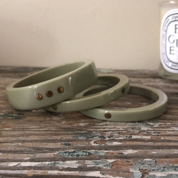 Trio of Anthropologie Pale Green Stacking Bracelets with Gold dots - Picture 3 of 8